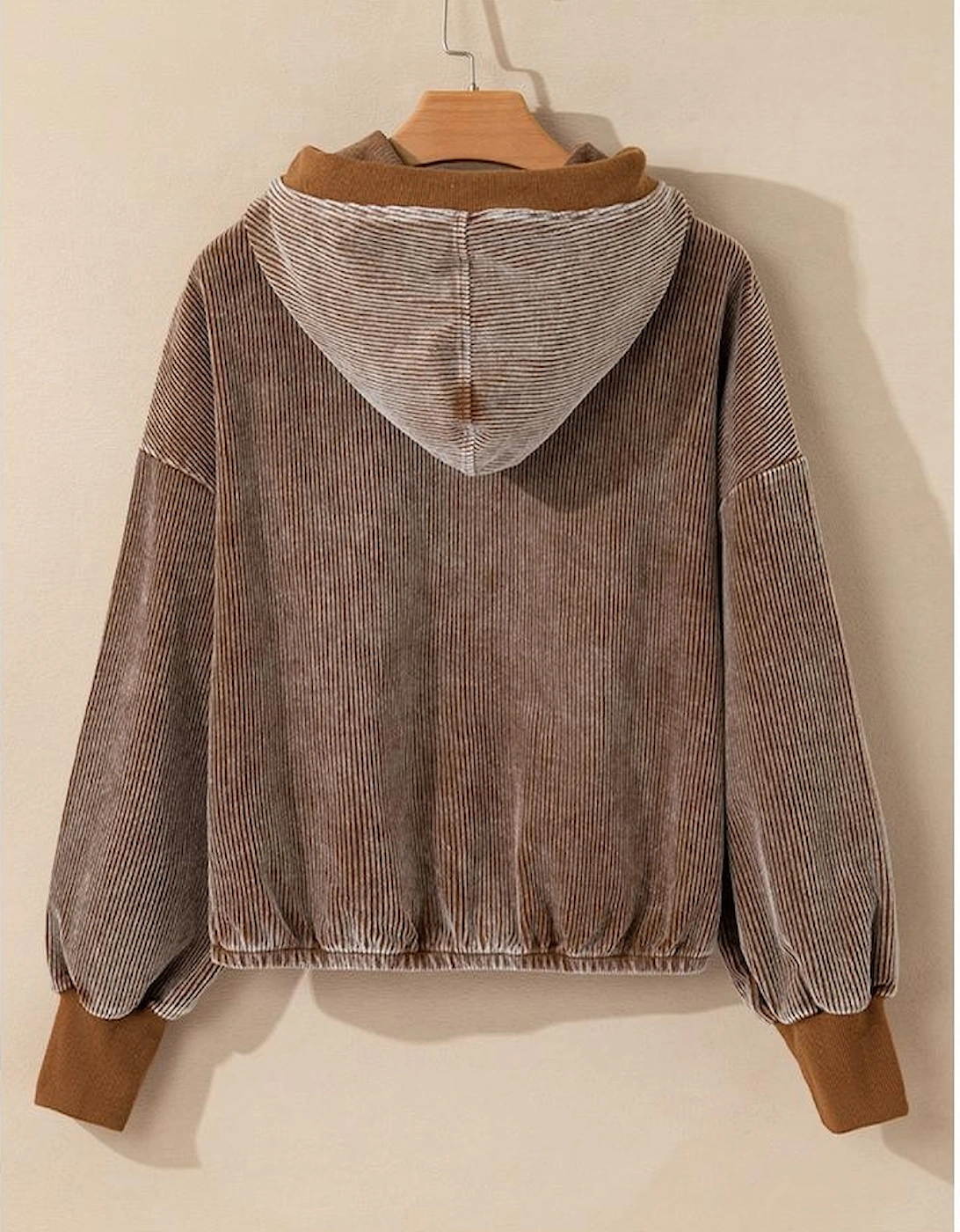 Chestnut Half Zipper Kangaroo Pocket Drawstring Corduroy Hoodie