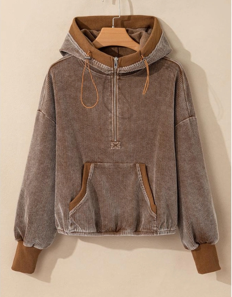 Chestnut Half Zipper Kangaroo Pocket Drawstring Corduroy Hoodie