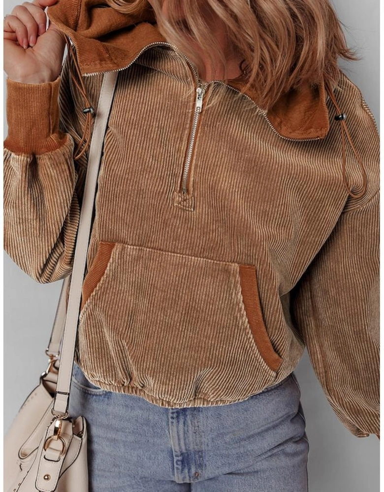 Chestnut Half Zipper Kangaroo Pocket Drawstring Corduroy Hoodie