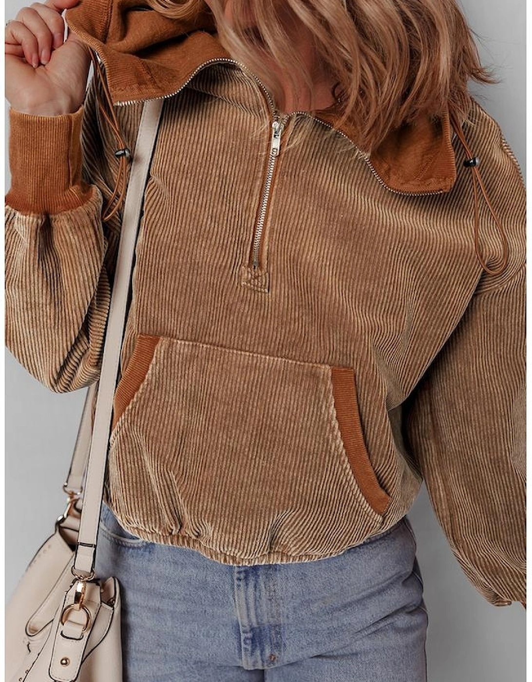 Chestnut Half Zipper Kangaroo Pocket Drawstring Corduroy Hoodie