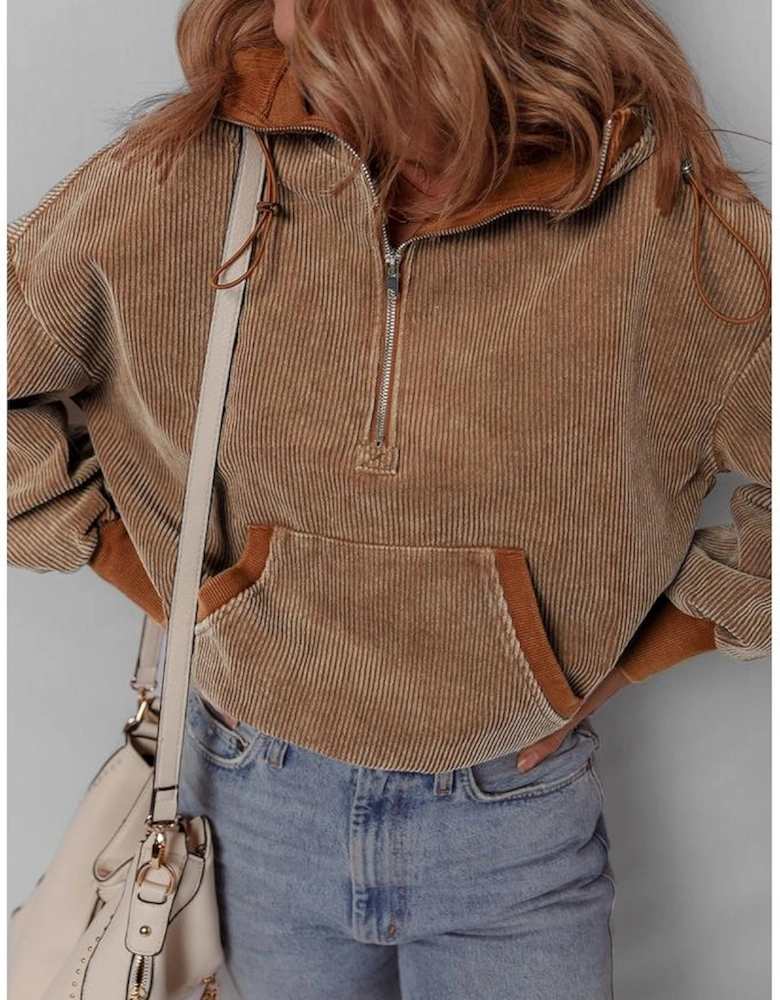 Chestnut Half Zipper Kangaroo Pocket Drawstring Corduroy Hoodie
