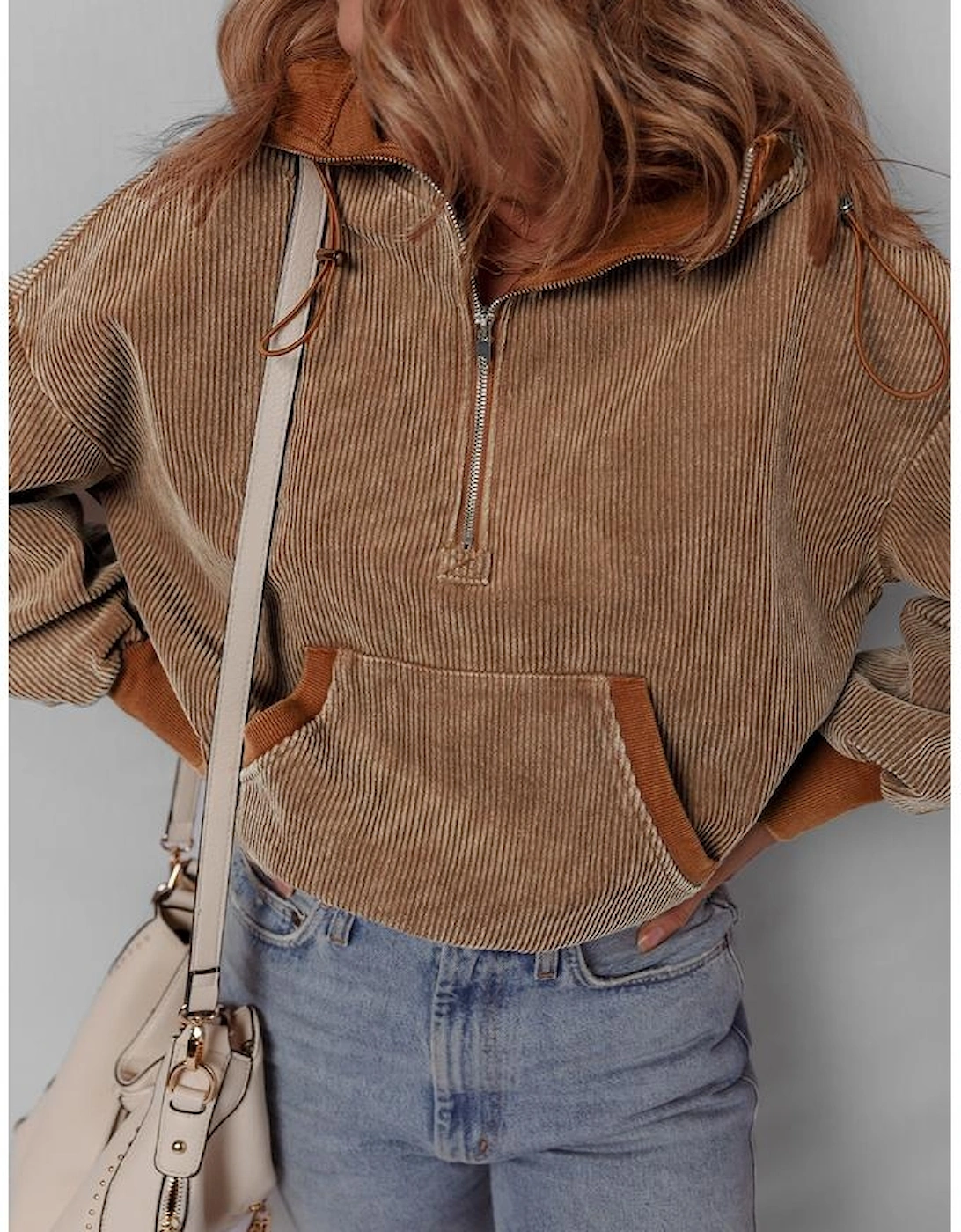 Chestnut Half Zipper Kangaroo Pocket Drawstring Corduroy Hoodie