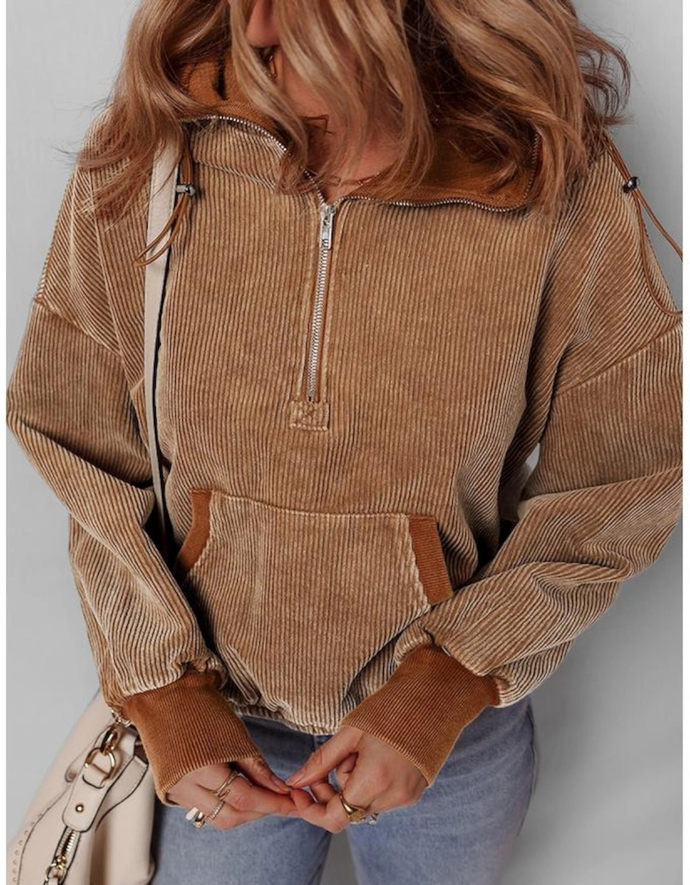 Chestnut Half Zipper Kangaroo Pocket Drawstring Corduroy Hoodie