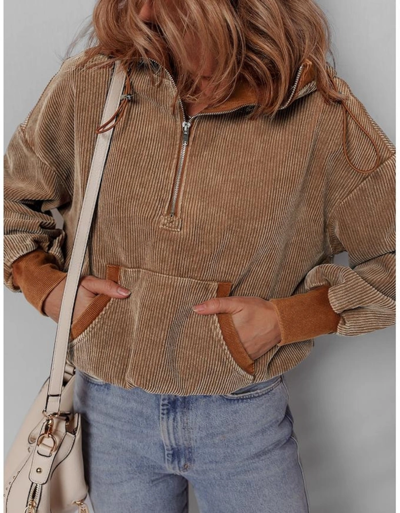 Chestnut Half Zipper Kangaroo Pocket Drawstring Corduroy Hoodie