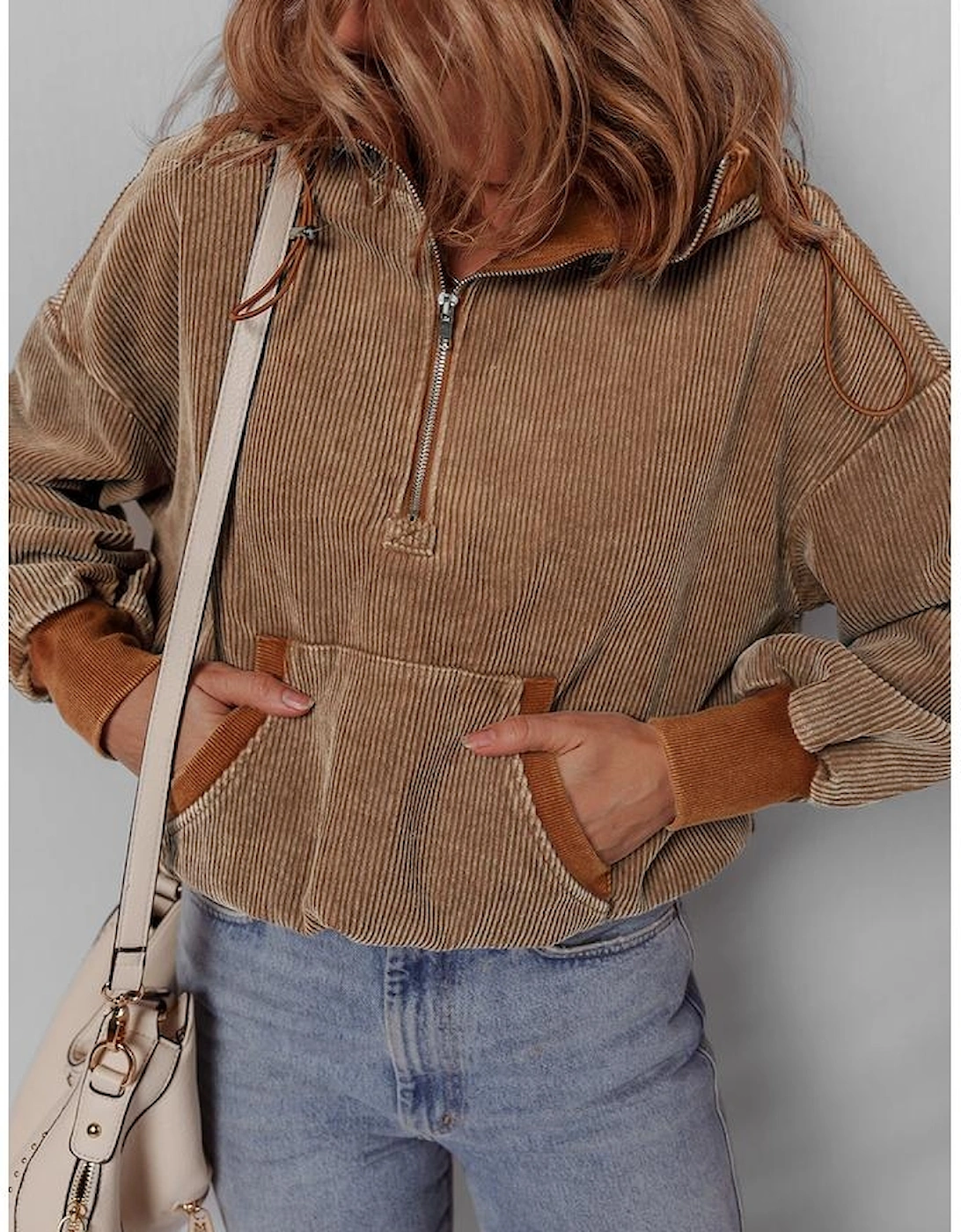 Chestnut Half Zipper Kangaroo Pocket Drawstring Corduroy Hoodie