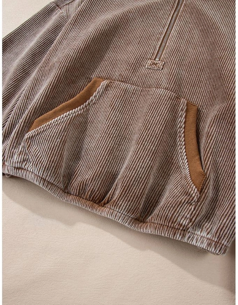 Chestnut Half Zipper Kangaroo Pocket Drawstring Corduroy Hoodie