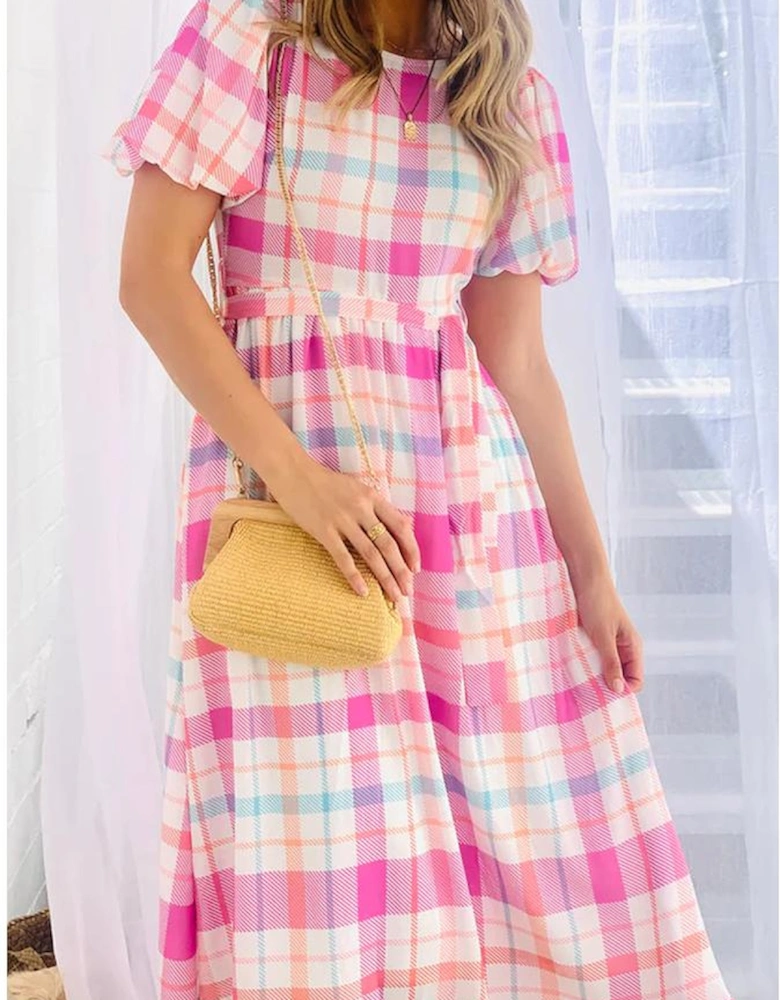 Pink Checkered Puff Sleeve Belted Midi Dress