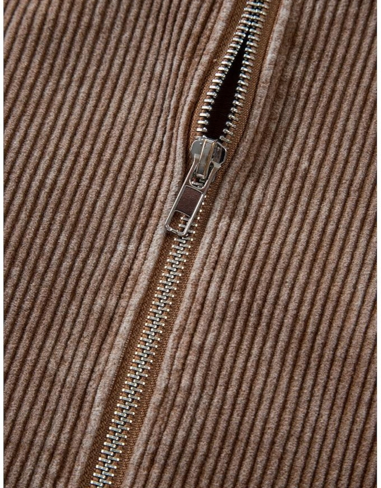 Chestnut Half Zipper Kangaroo Pocket Drawstring Corduroy Hoodie