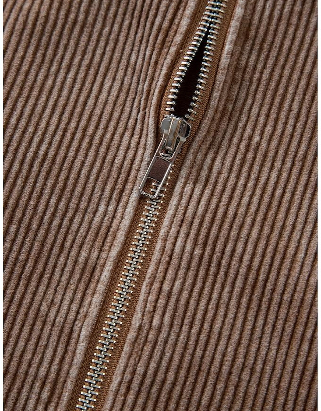 Chestnut Half Zipper Kangaroo Pocket Drawstring Corduroy Hoodie