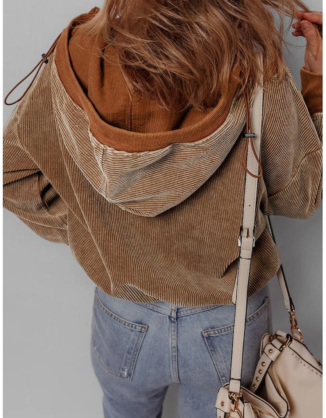 Chestnut Half Zipper Kangaroo Pocket Drawstring Corduroy Hoodie