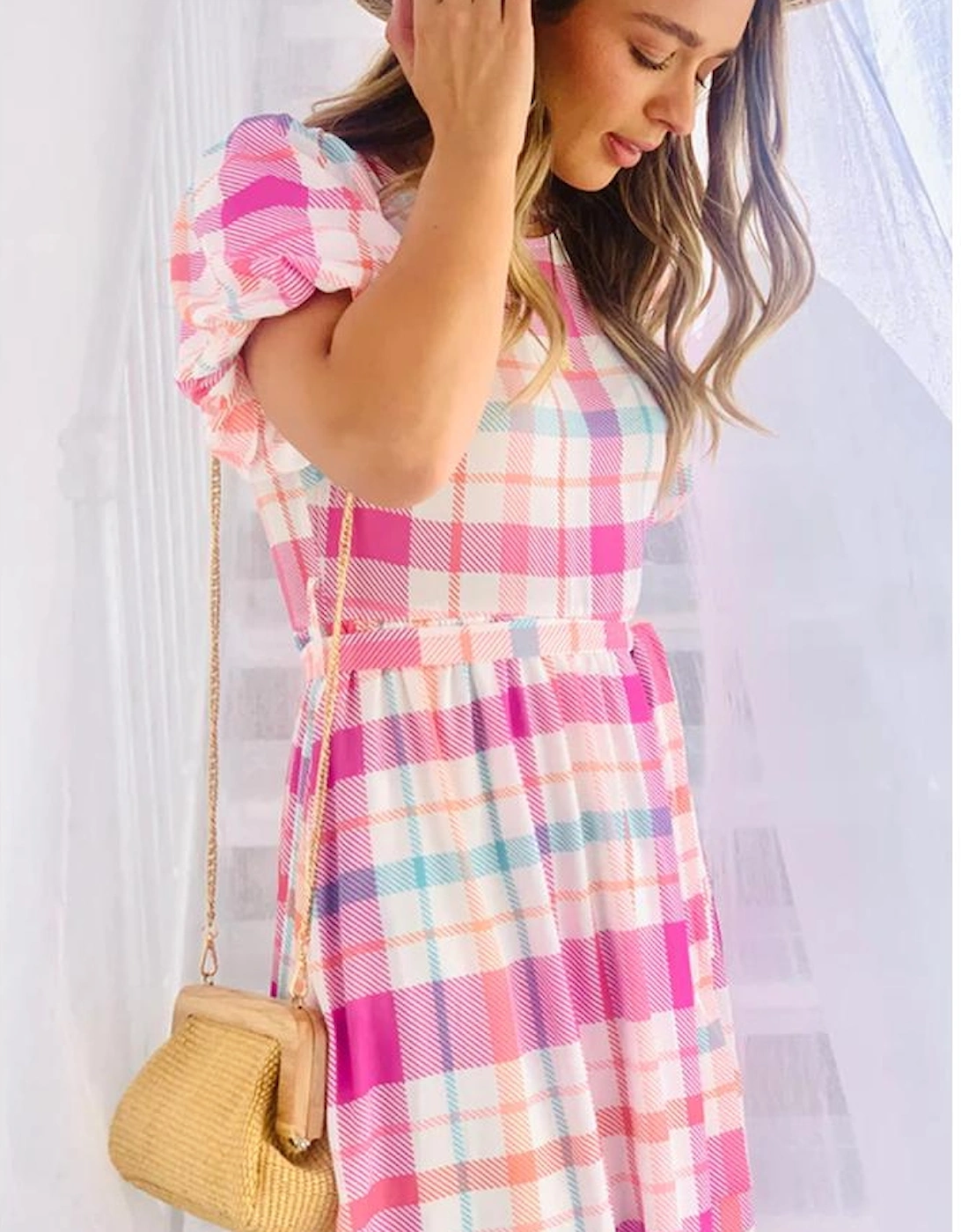 Pink Checkered Puff Sleeve Belted Midi Dress