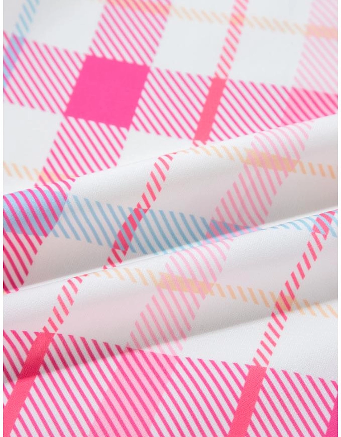 Pink Checkered Puff Sleeve Belted Midi Dress