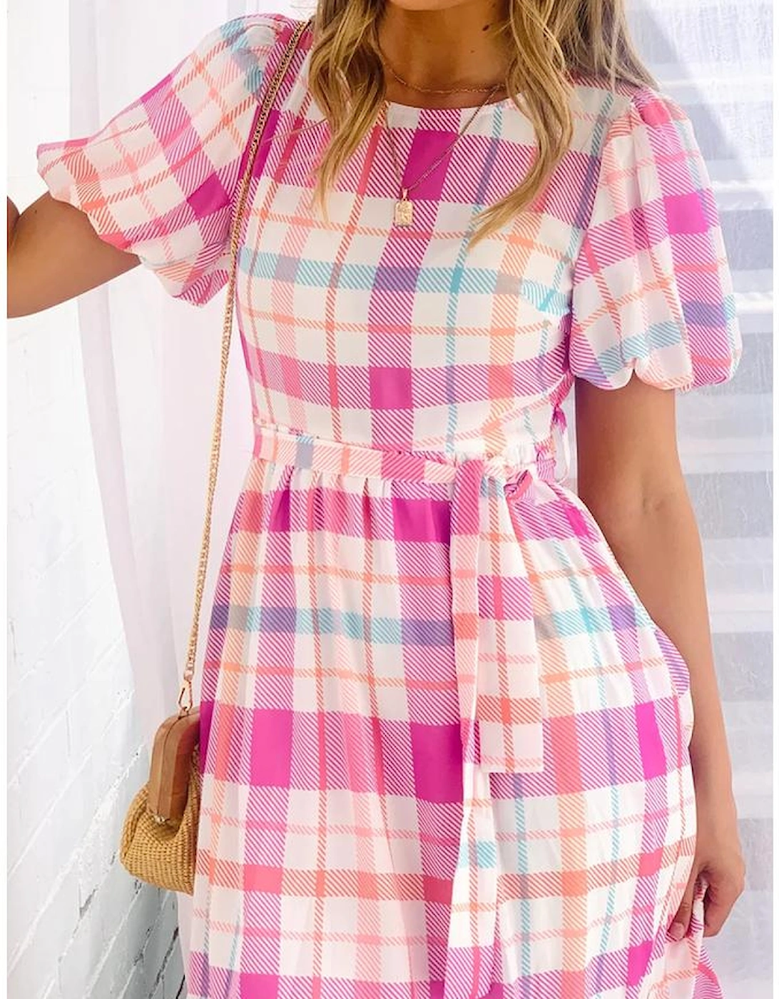 Pink Checkered Puff Sleeve Belted Midi Dress