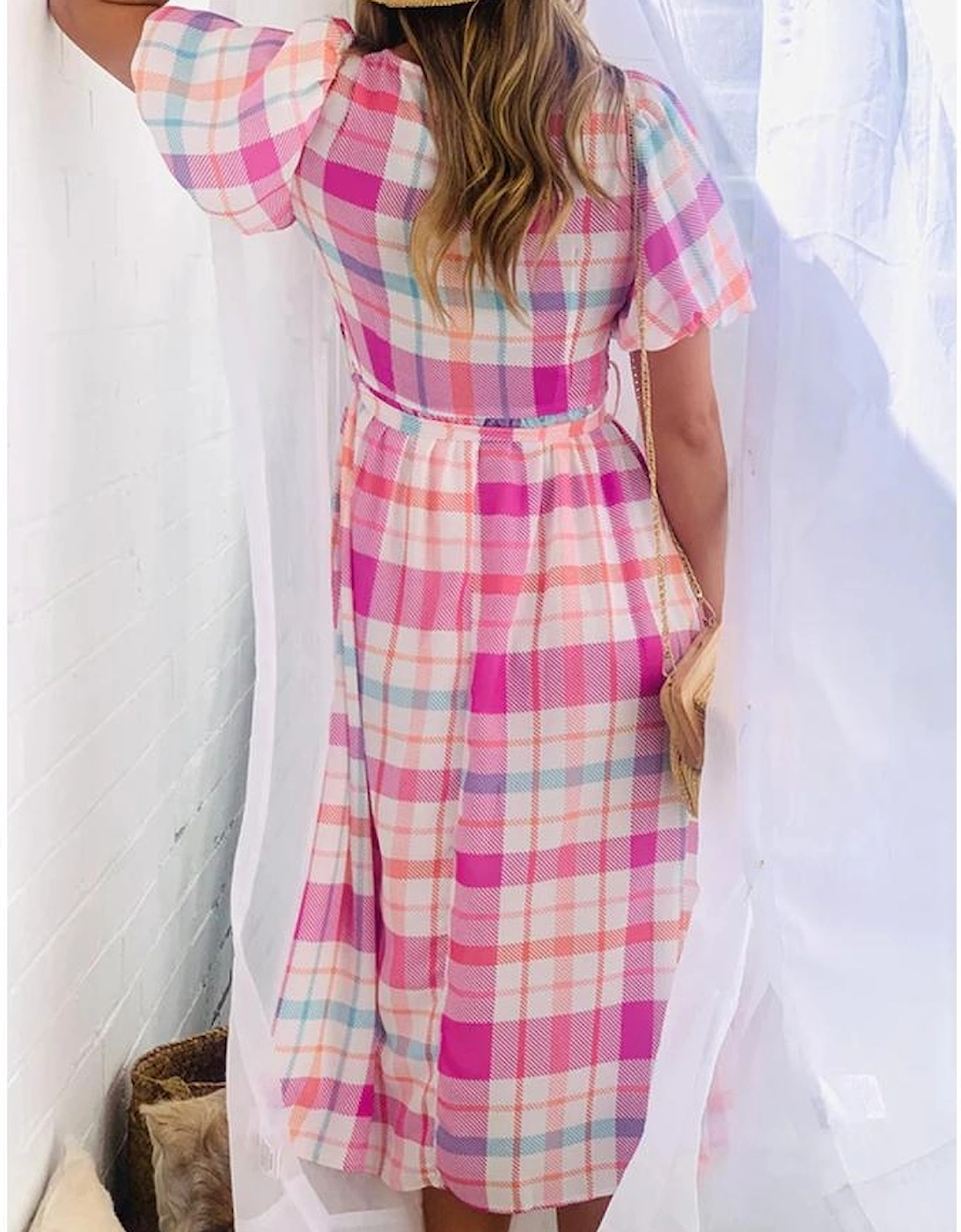 Pink Checkered Puff Sleeve Belted Midi Dress
