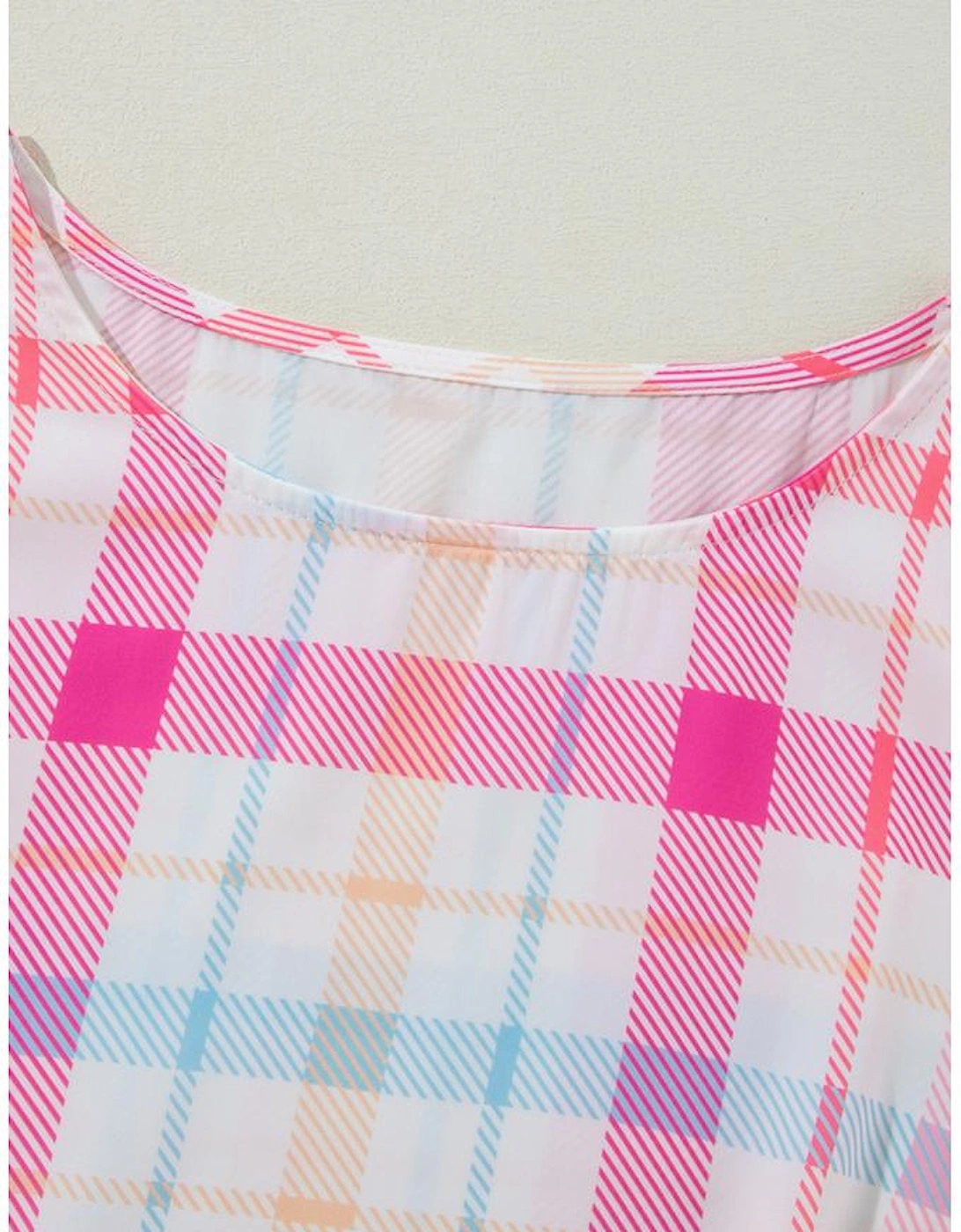 Pink Checkered Puff Sleeve Belted Midi Dress