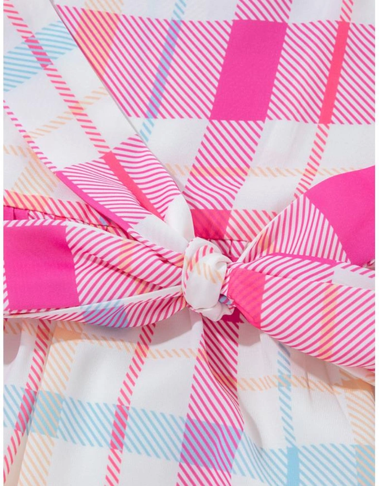 Pink Checkered Puff Sleeve Belted Midi Dress