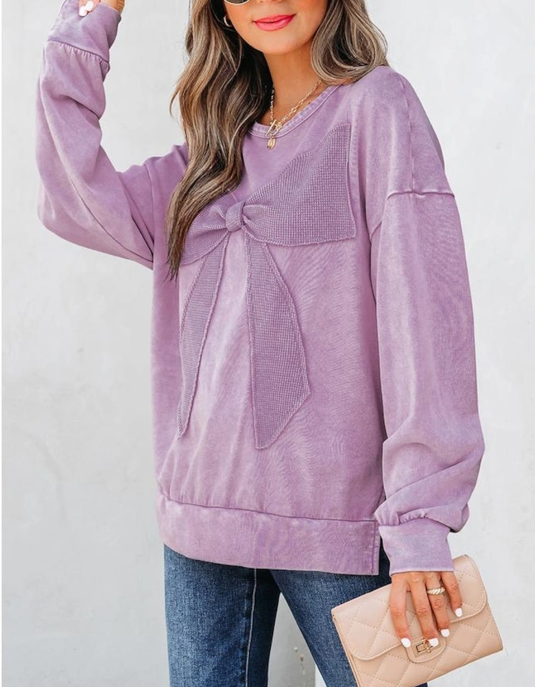 Orchid Bouquet Mineral Wash Big Bow Patchwork Pullover Sweatshirt