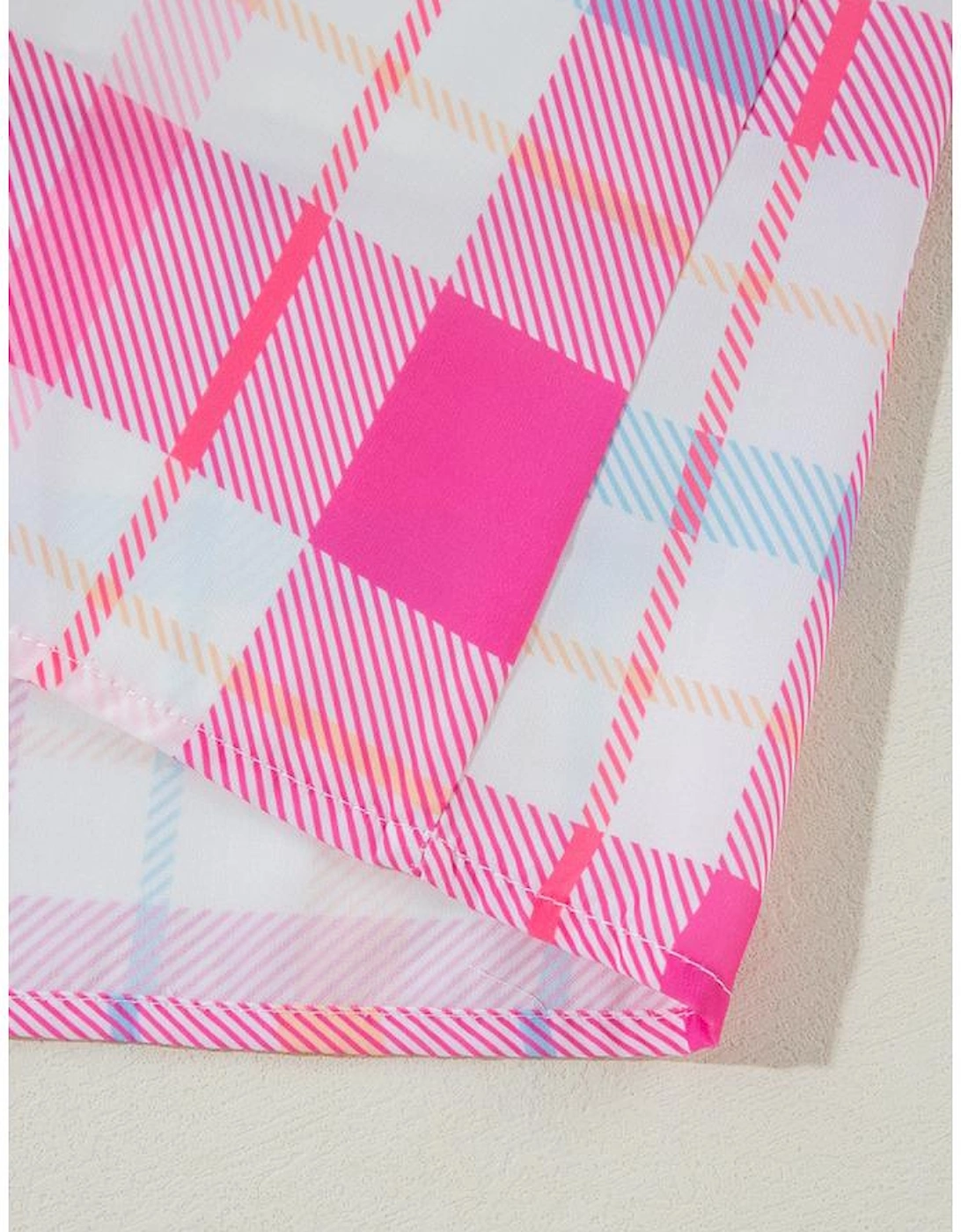 Pink Checkered Puff Sleeve Belted Midi Dress