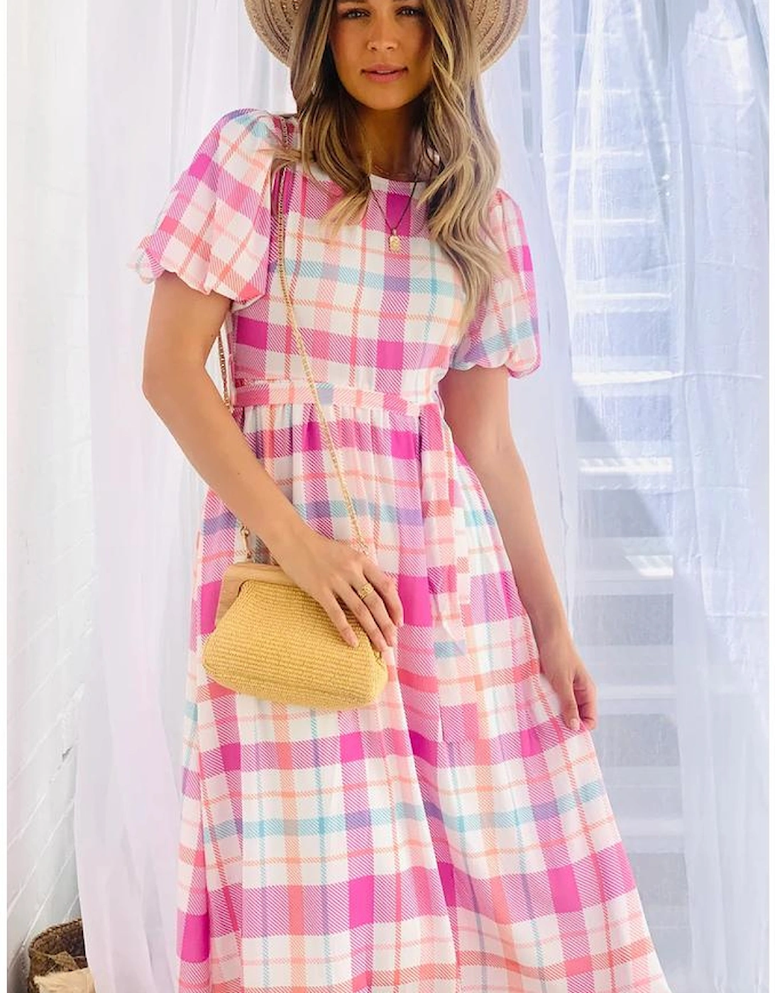 Pink Checkered Puff Sleeve Belted Midi Dress