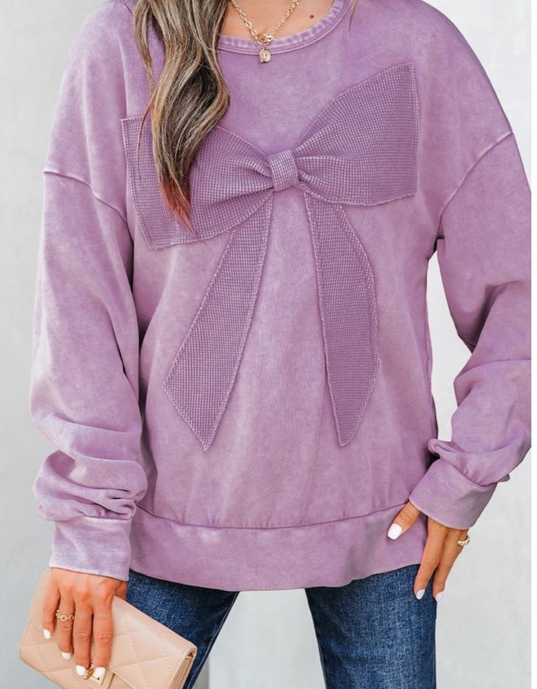 Orchid Bouquet Mineral Wash Big Bow Patchwork Pullover Sweatshirt