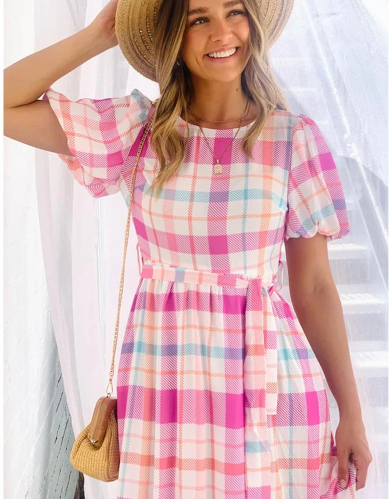Pink Checkered Puff Sleeve Belted Midi Dress