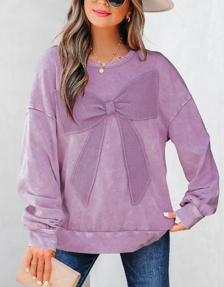 Orchid Bouquet Mineral Wash Big Bow Patchwork Pullover Sweatshirt
