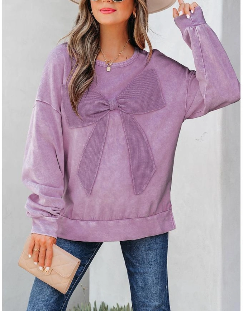 Orchid Bouquet Mineral Wash Big Bow Patchwork Pullover Sweatshirt