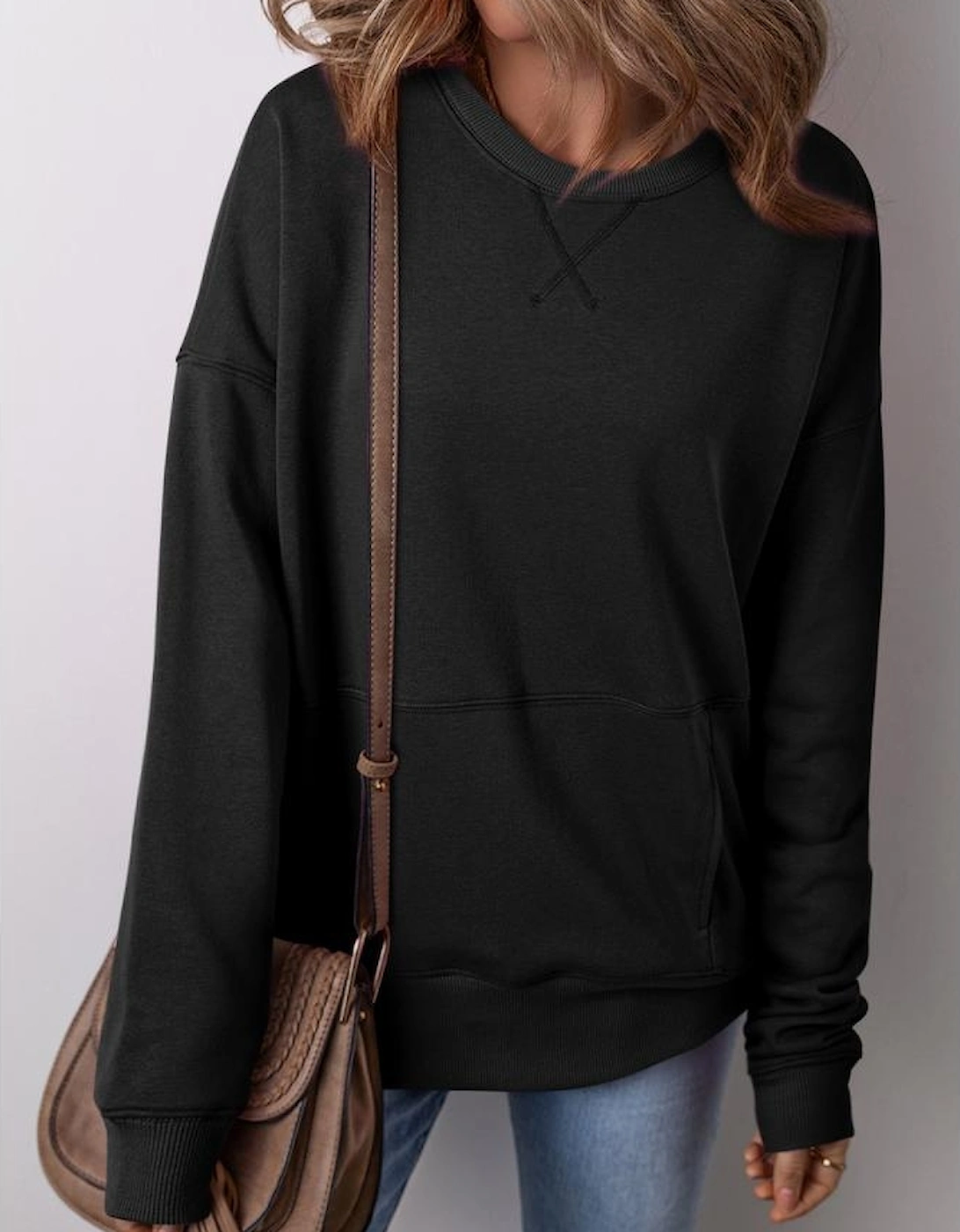 Black Drop Shoulder Crisscross Stitching Pocketed Loose Sweatshirt, 12 of 11
