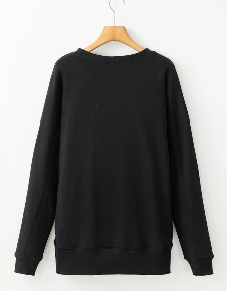 Black Drop Shoulder Crisscross Stitching Pocketed Loose Sweatshirt