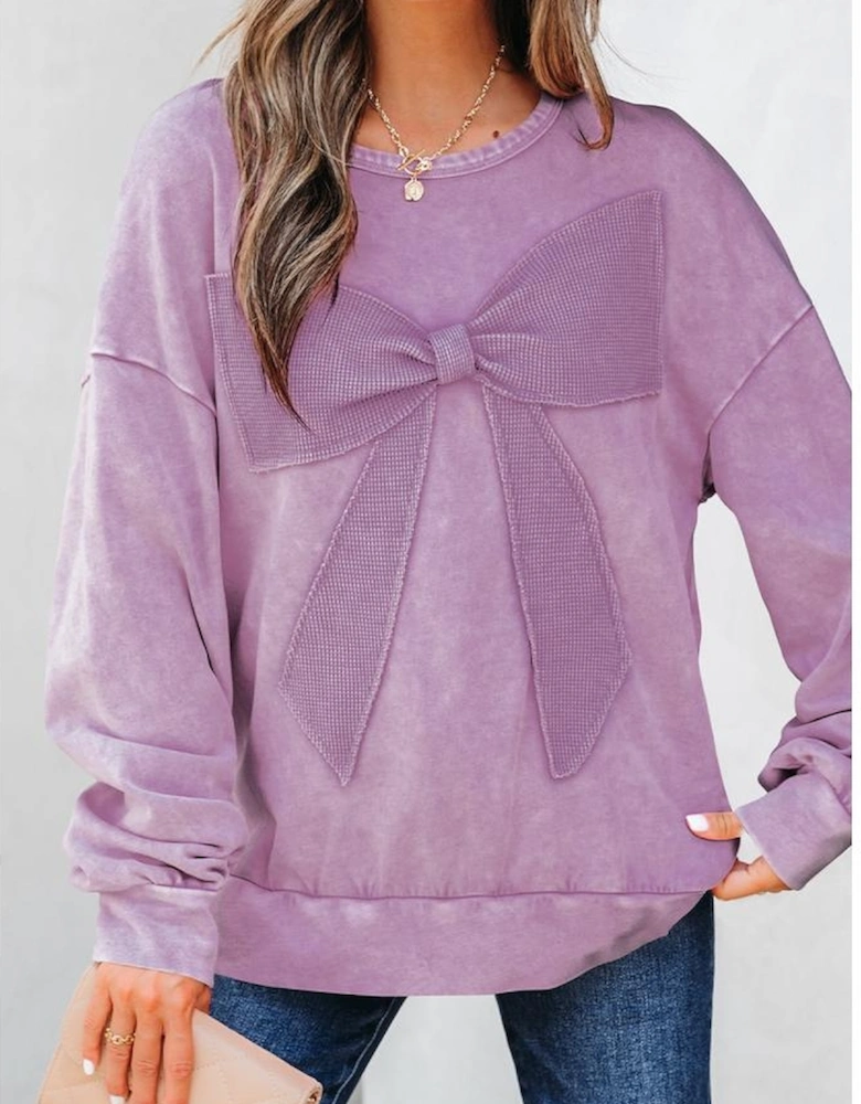 Orchid Bouquet Mineral Wash Big Bow Patchwork Pullover Sweatshirt