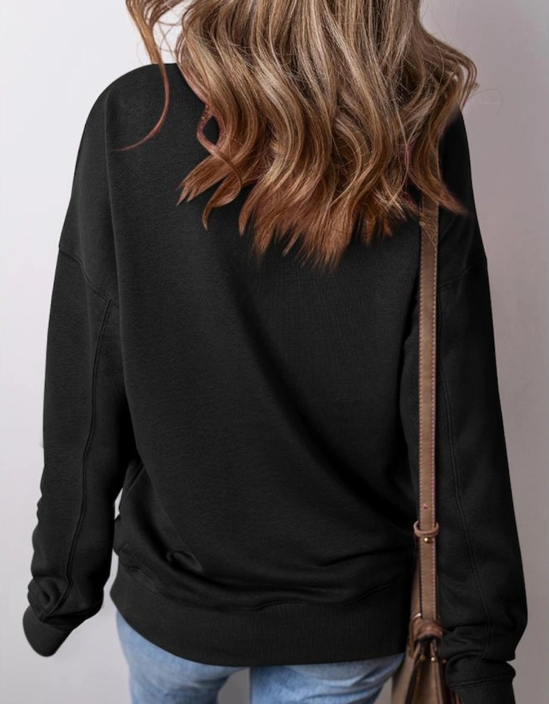 Black Drop Shoulder Crisscross Stitching Pocketed Loose Sweatshirt