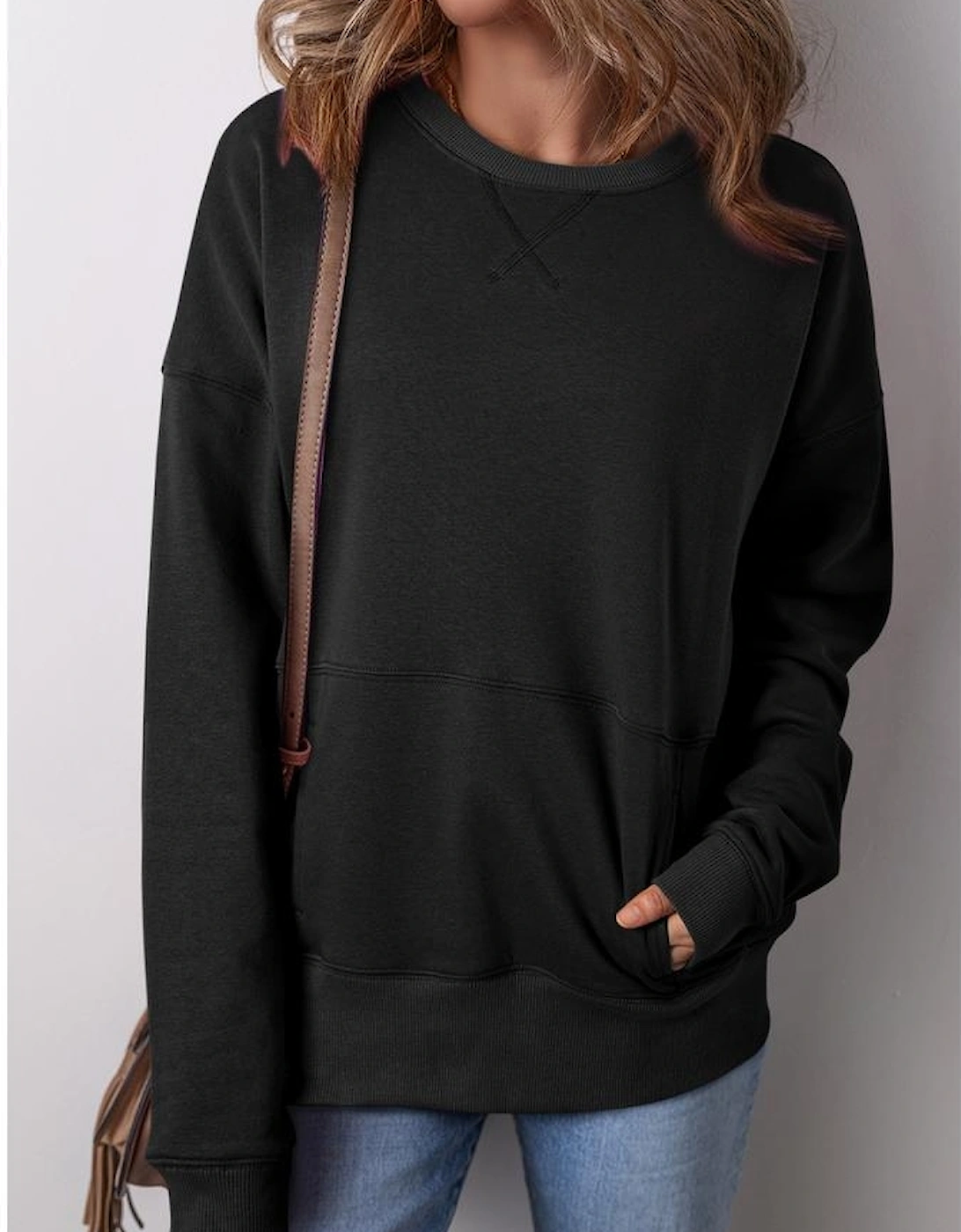 Black Drop Shoulder Crisscross Stitching Pocketed Loose Sweatshirt