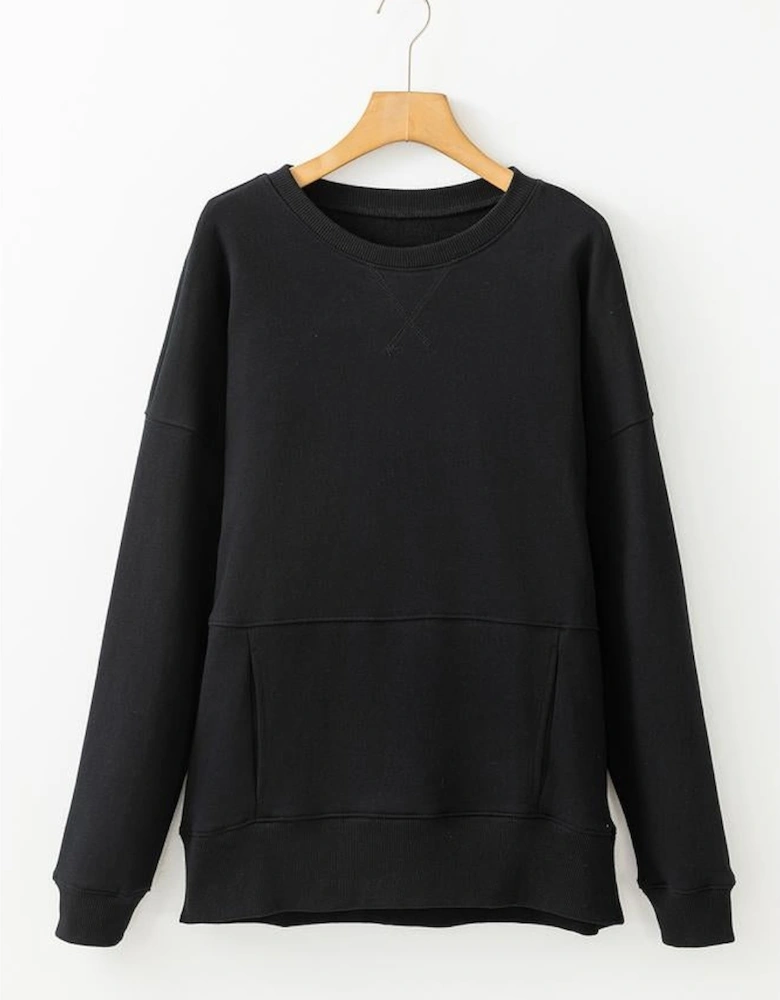 Black Drop Shoulder Crisscross Stitching Pocketed Loose Sweatshirt