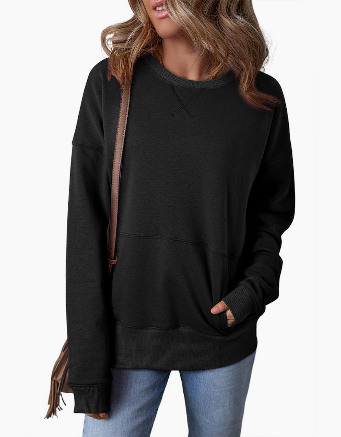 Black Drop Shoulder Crisscross Stitching Pocketed Loose Sweatshirt