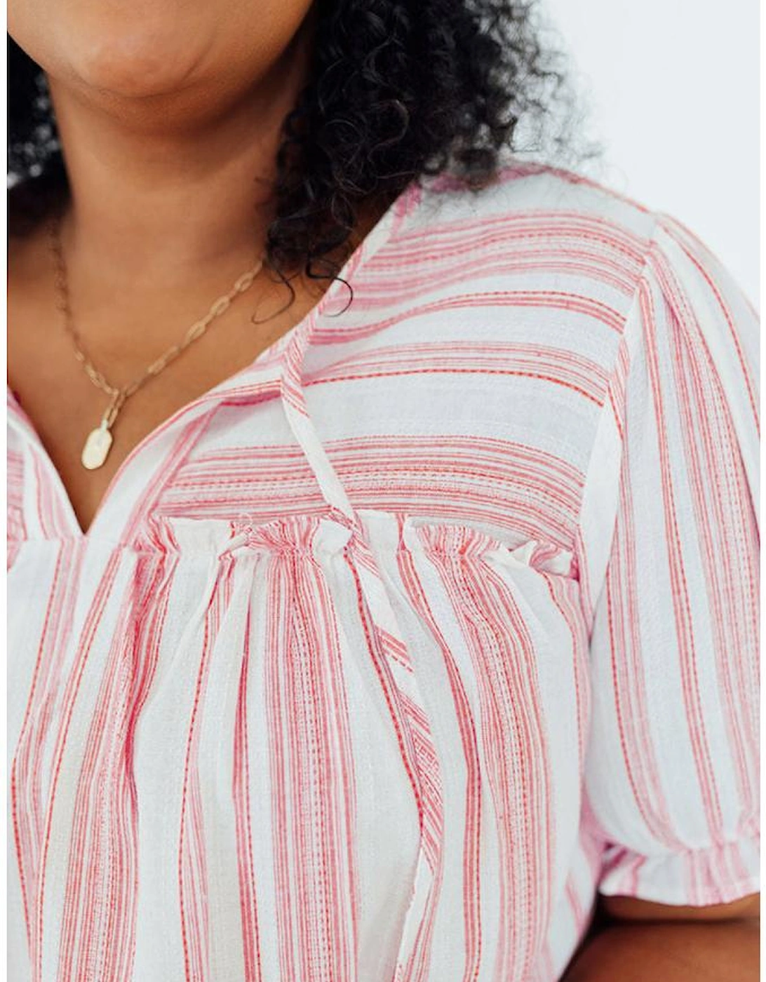 Pink Stripe Plus Size Tassel Tie Frilled Detail Short Sleeve Blouse
