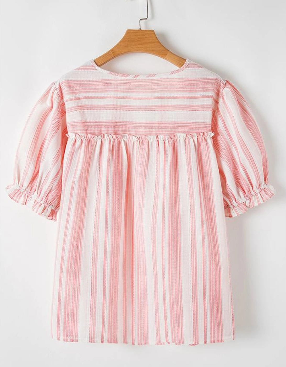Pink Stripe Plus Size Tassel Tie Frilled Detail Short Sleeve Blouse