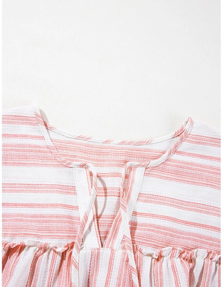 Pink Stripe Plus Size Tassel Tie Frilled Detail Short Sleeve Blouse