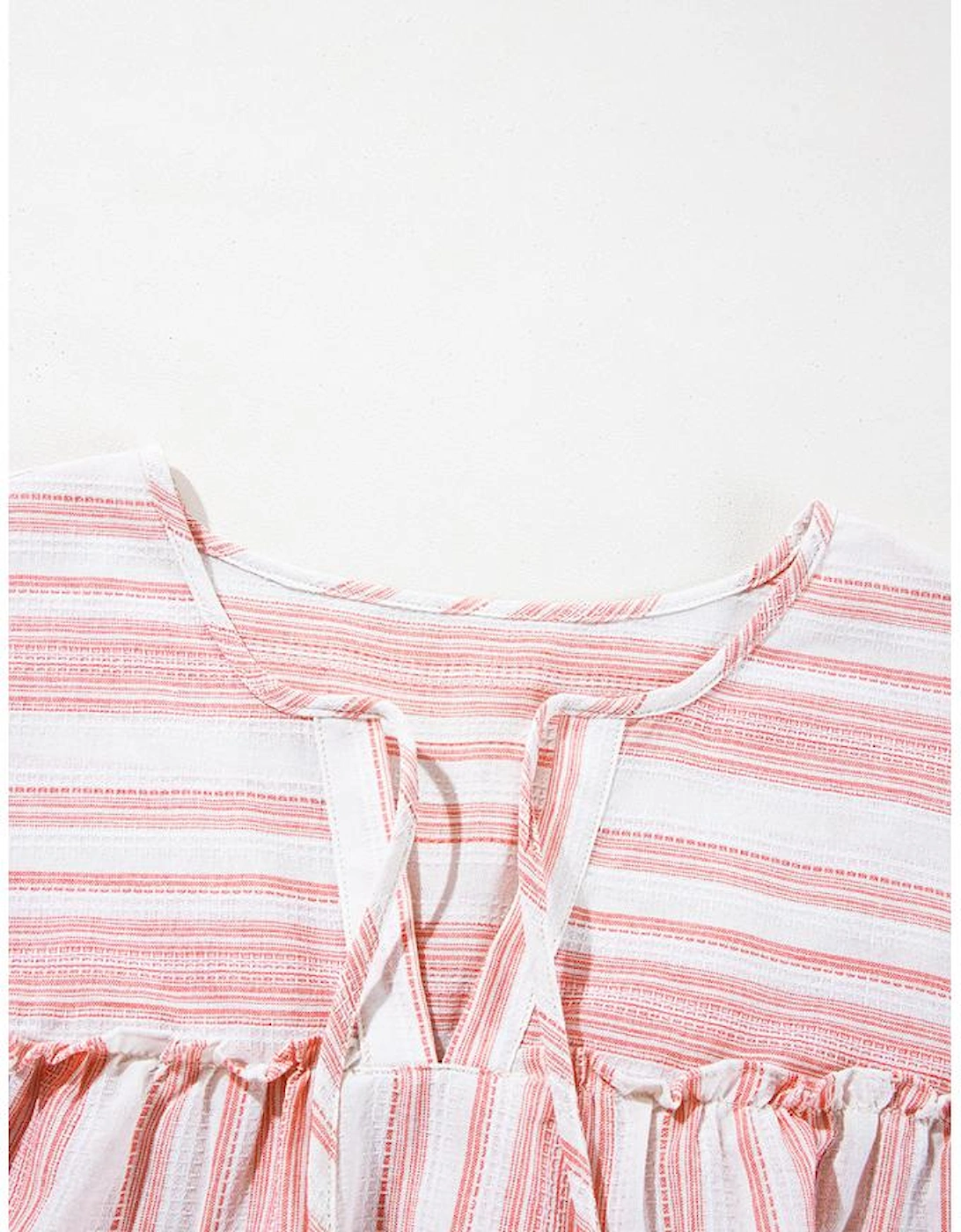 Pink Stripe Plus Size Tassel Tie Frilled Detail Short Sleeve Blouse