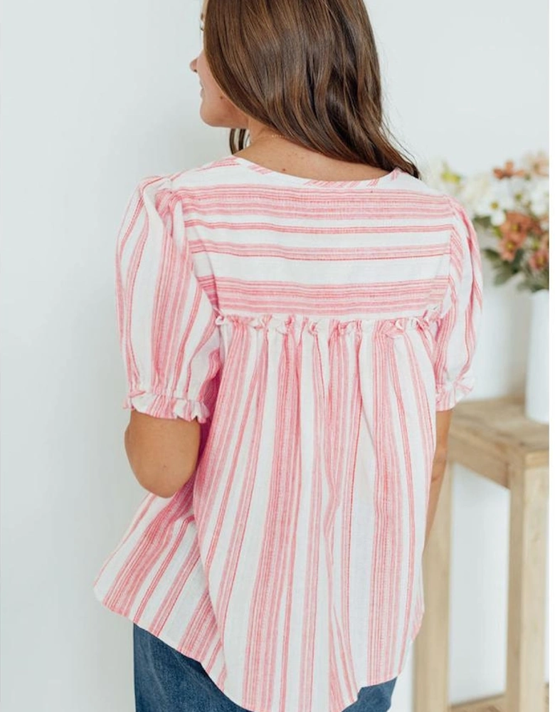 Pink Stripe Plus Size Tassel Tie Frilled Detail Short Sleeve Blouse