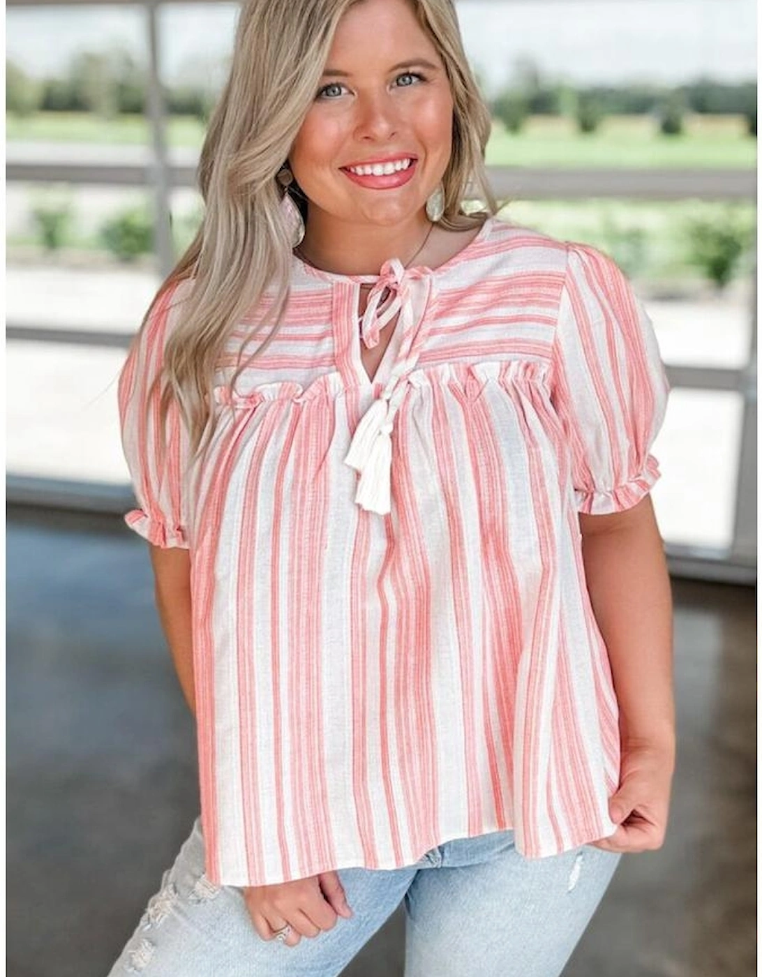 Pink Stripe Plus Size Tassel Tie Frilled Detail Short Sleeve Blouse