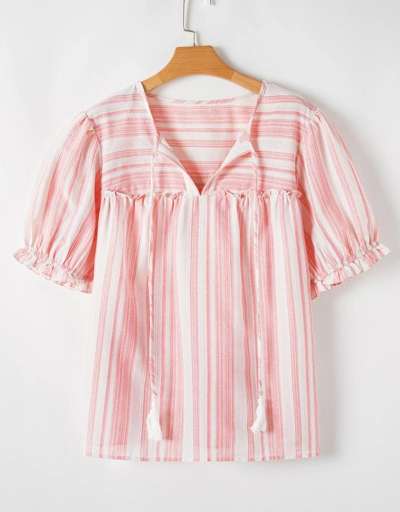 Pink Stripe Plus Size Tassel Tie Frilled Detail Short Sleeve Blouse