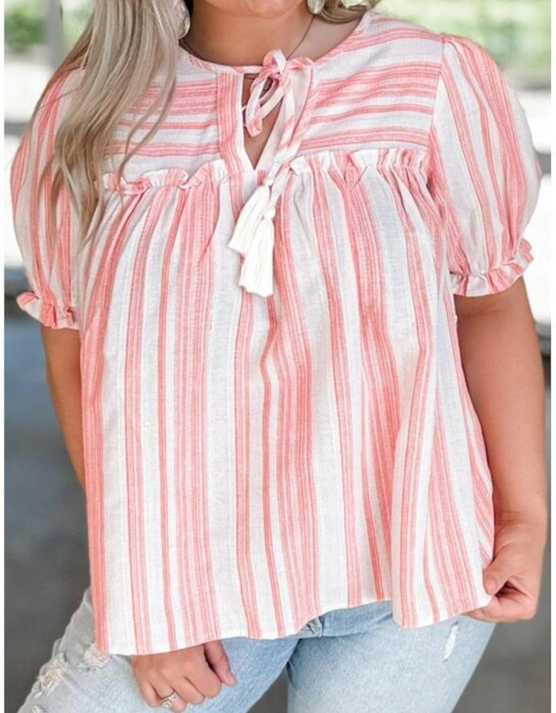 Pink Stripe Plus Size Tassel Tie Frilled Detail Short Sleeve Blouse
