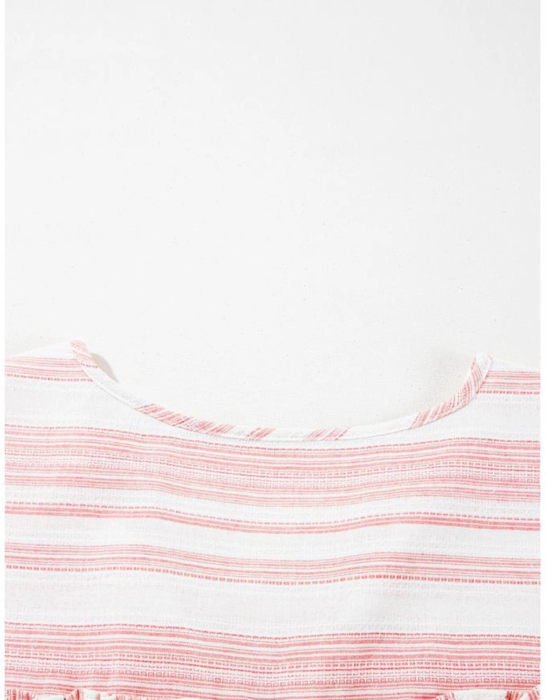 Pink Stripe Plus Size Tassel Tie Frilled Detail Short Sleeve Blouse