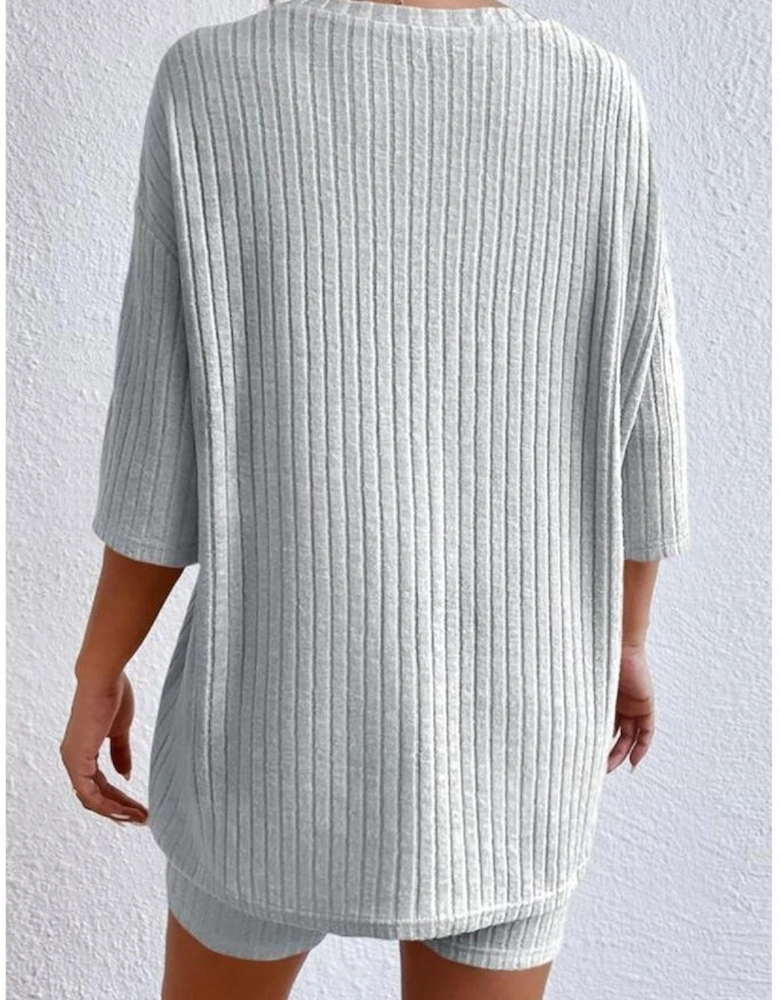 Gray Plain Ribbed Loose Fit Two Piece Lounge Set