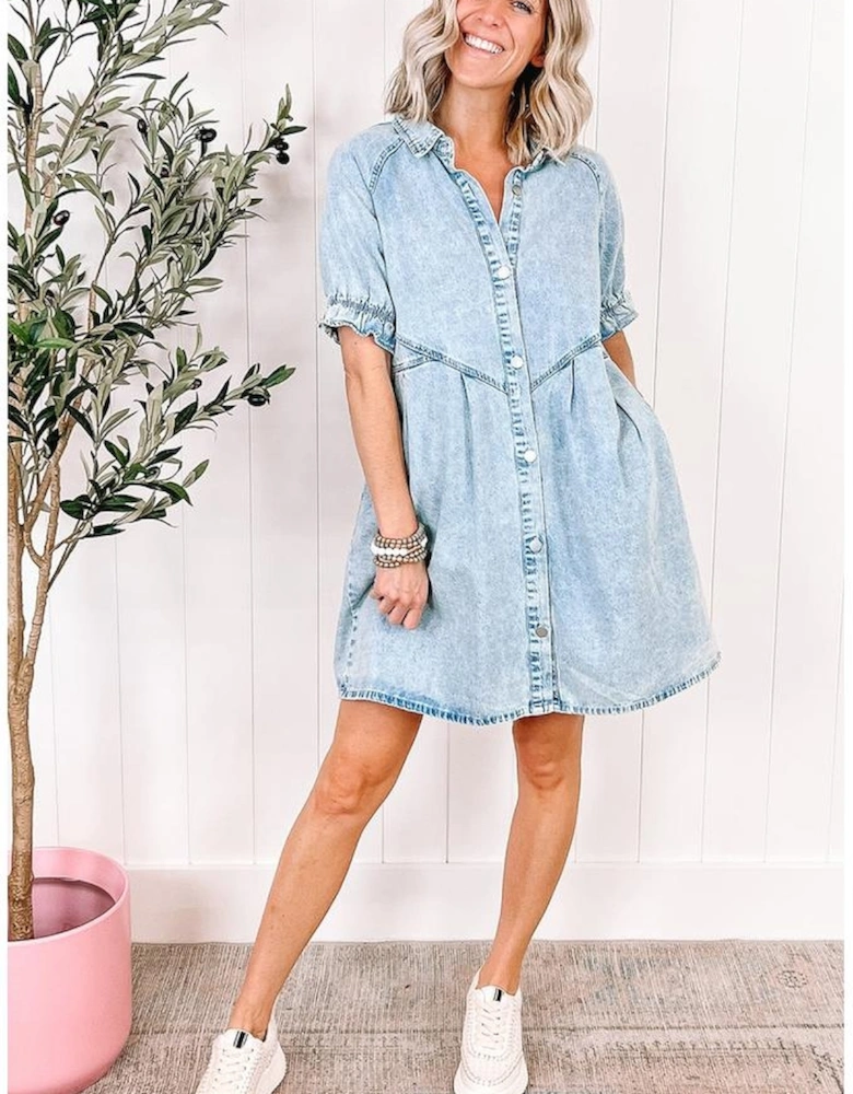 Beau Blue Mineral Wash Ruffled Short Sleeve Buttoned Denim Dress