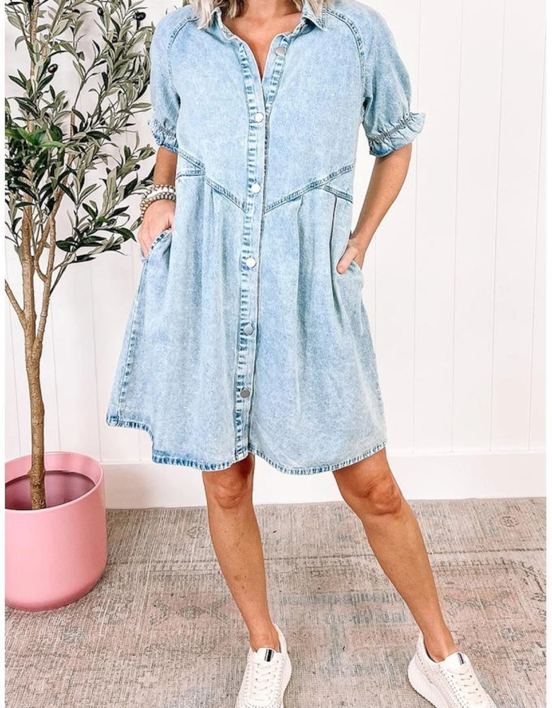 Beau Blue Mineral Wash Ruffled Short Sleeve Buttoned Denim Dress