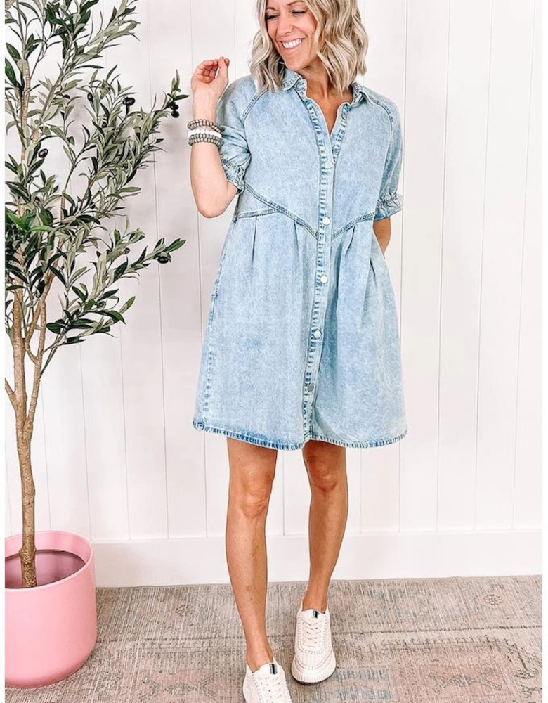 Beau Blue Mineral Wash Ruffled Short Sleeve Buttoned Denim Dress