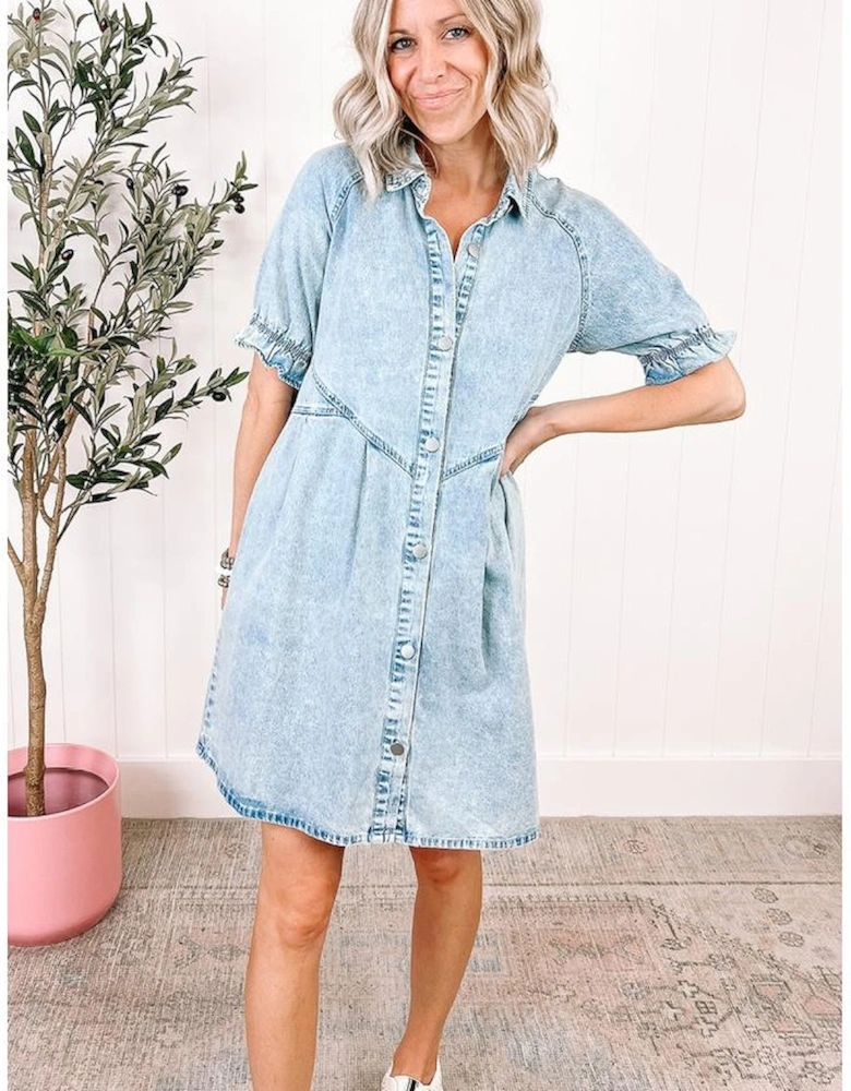Beau Blue Mineral Wash Ruffled Short Sleeve Buttoned Denim Dress