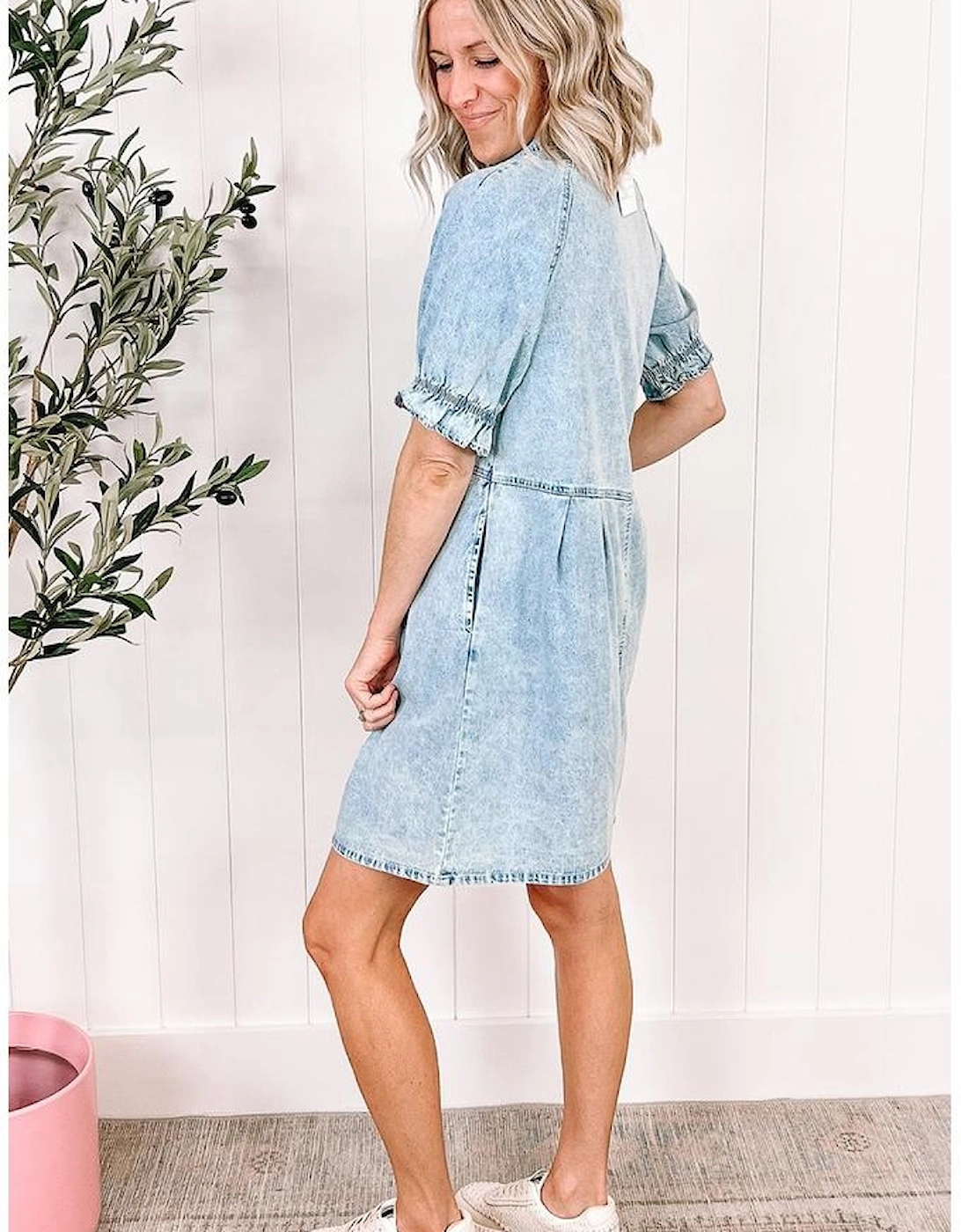 Beau Blue Mineral Wash Ruffled Short Sleeve Buttoned Denim Dress