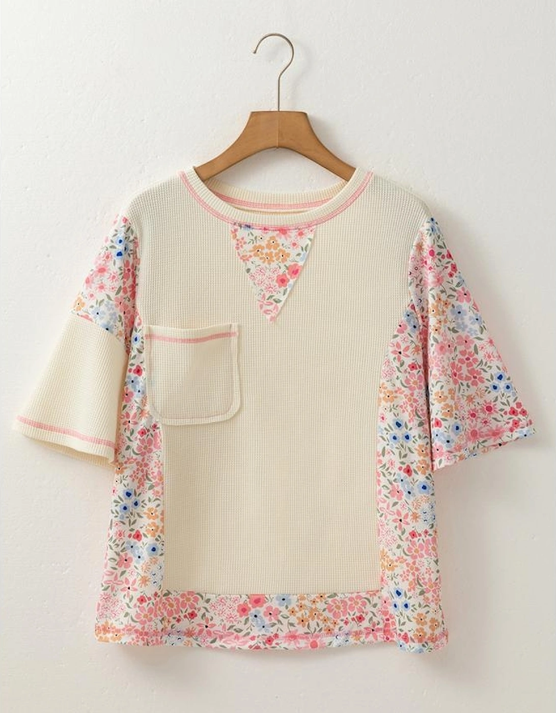 Beige Floral Patchwork Chest Pocket Wide Sleeve Waffle T Shirt
